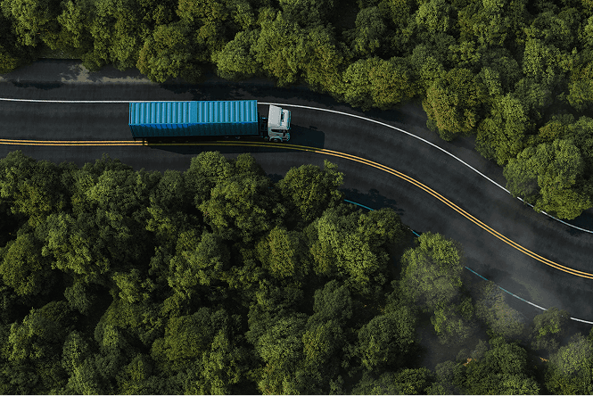 Aerial view of delivery truck on highway